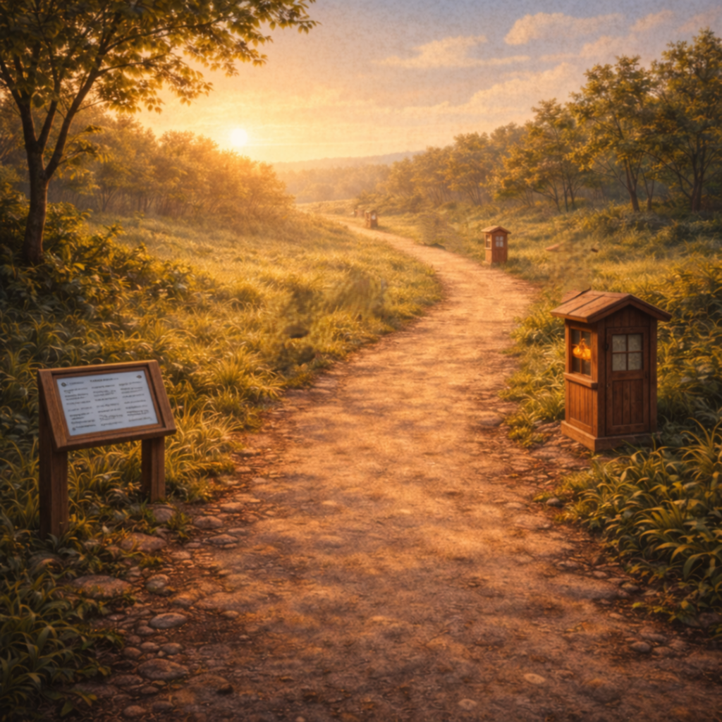 Quiet path at sunset with checkpoints