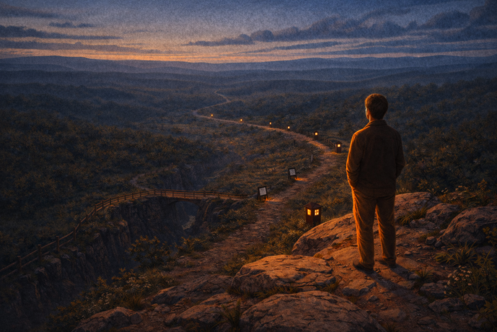Contemplating the twilight journey having completed the path
